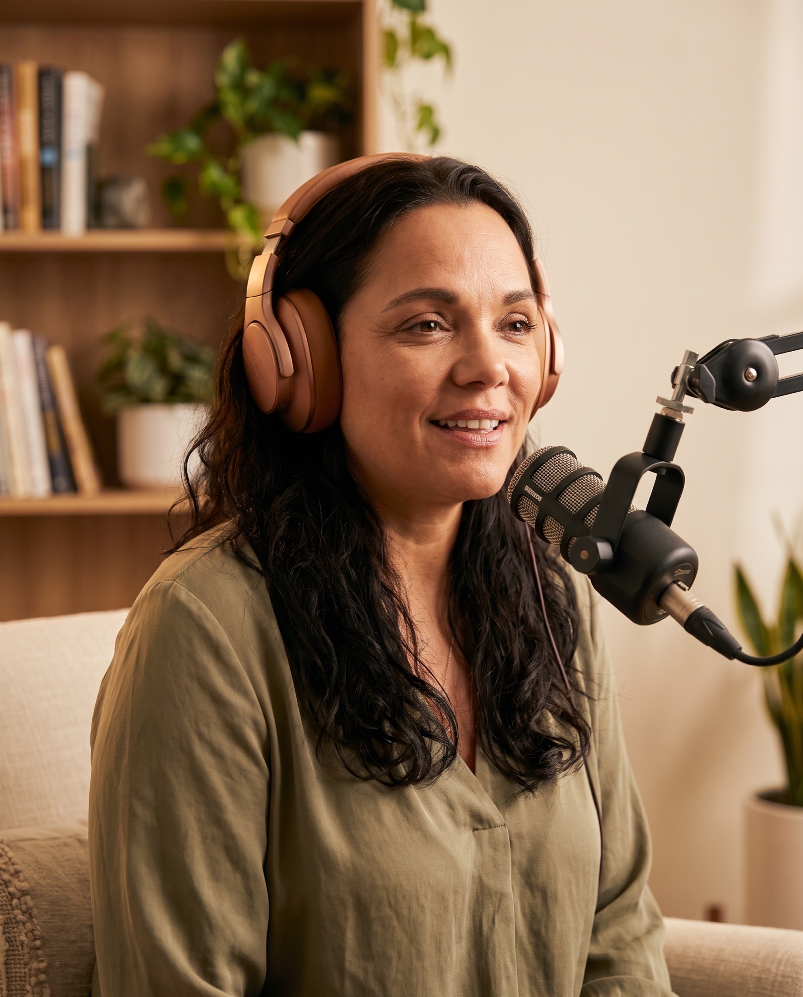 Adriana Lutti gravando um áudio guiado ao microfone